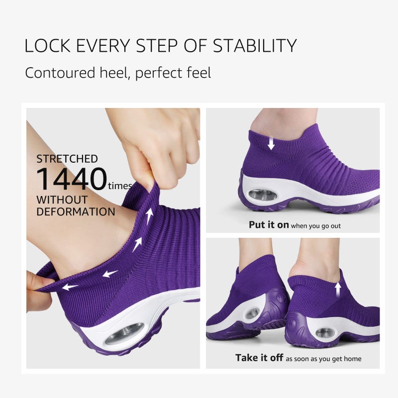 HKR Womens Walking Shoes Lightweight Platform Slip On Sneakers Comfortable Knit Mesh Working Shopping Shoes All Purple 6(ZJW1839chunzise36) - Image 5